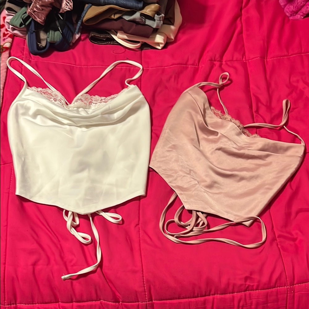 Set of Two Lace Trim and open back tops in White and Pink blush